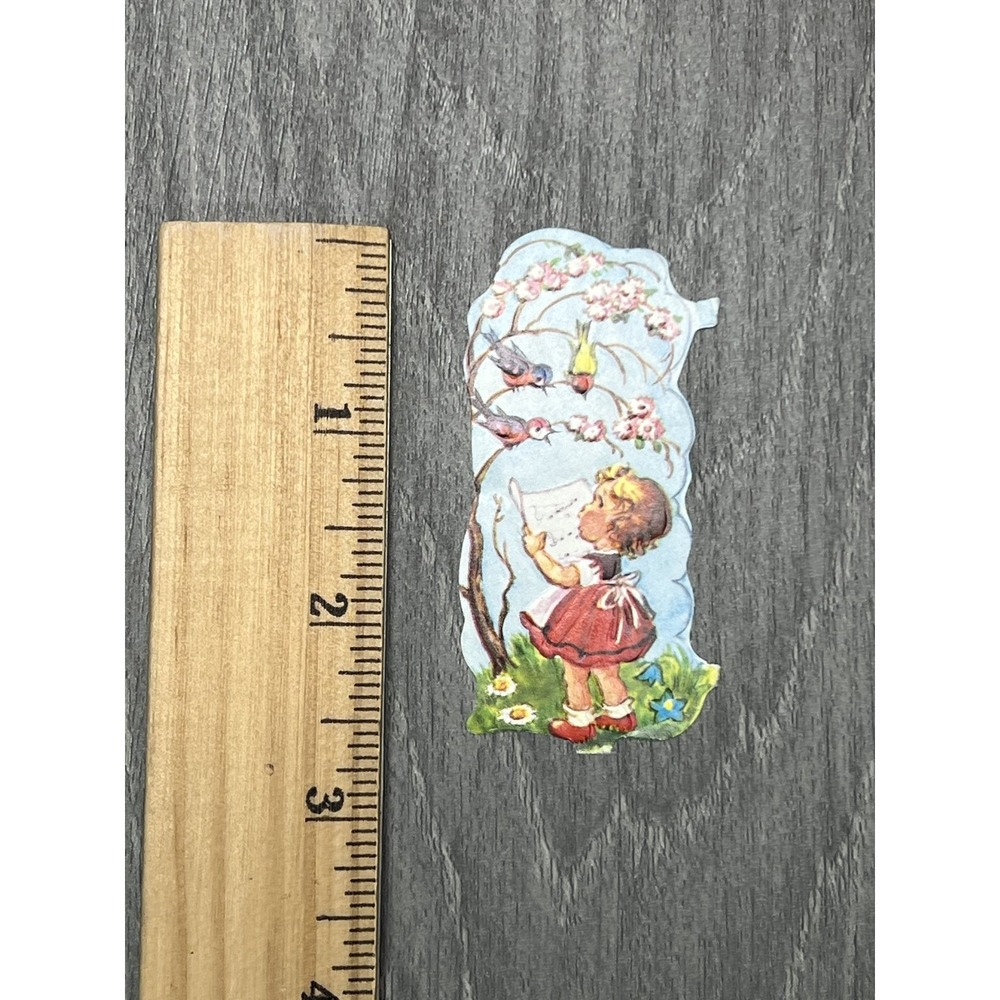 Vintage Die-Cut Scrap Little Girl Birds Cherry Blossom Tree Spring Ephemera - Picture 3 of 4